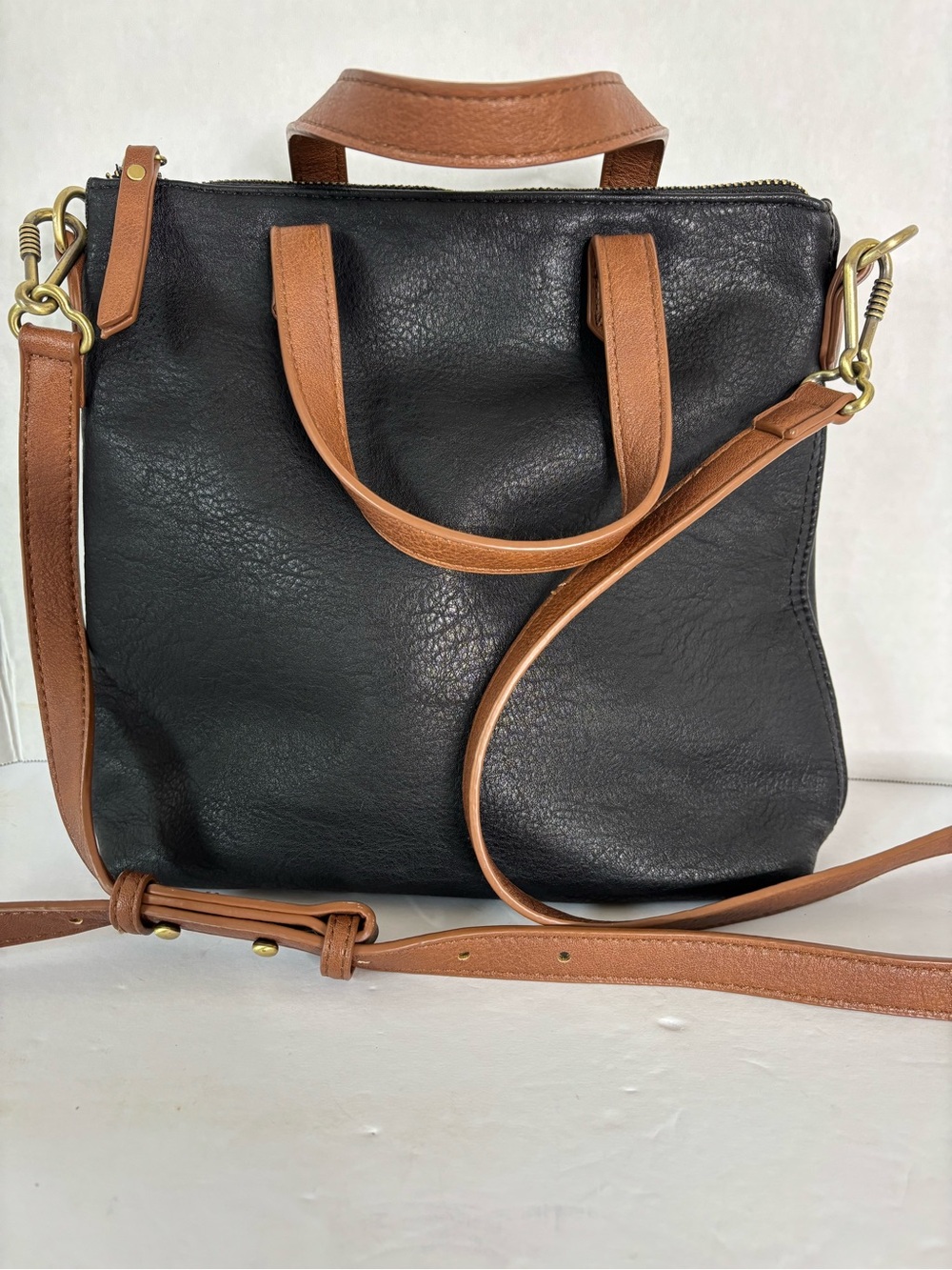Antik Kraft Black Crossbody Tote with Tan Trim